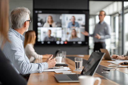Professionals sit around a conference table during a virtual meeting. A presenter shares insights on a screen while team members engage in active discussion and note-taking