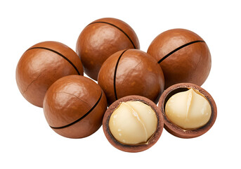Five whole nutmegs isolated on transparent background with natural texture