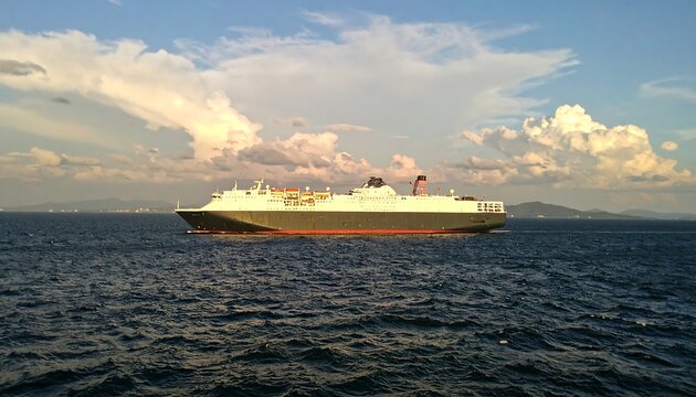 Large cargo ship at sea under partly cloudy sky