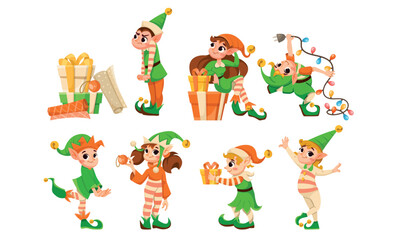 A group of Colorful Christmas Elves joyfully holding Gifts and beautiful Decorations