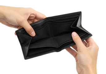 Empty black wallet held open by hands isolated on transparent background