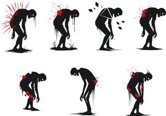 Dark zombie silhouettes with blood splatter, horror undead creatures in creepy poses, grunge Halloween theme, spooky vector illustration design