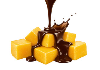 Delicious caramel cubes drizzled with rich dark chocolate syrup in a studio shot transparent background
