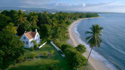 Naklejka premium Aerial view of a tropical beach with white sand, lush green palm trees, and a charming white house surrounded by vibrant nature, showcasing serene coastal living