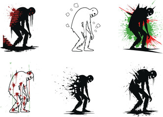 Grunge zombie silhouettes with splatter effects, horror creatures in creepy poses, abstract ink style, Halloween undead monster vector illustration