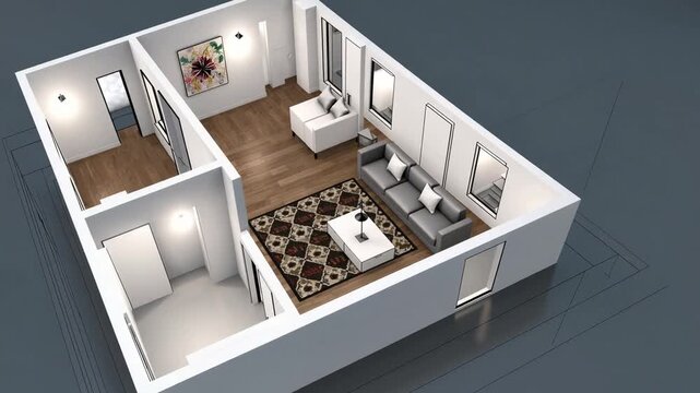 Contemporary interior architecture layout, schematic diagram featuring ivory partitions, blueprint of residence, dwelling, furnishings, isometric projection, perspective angle, computer-generated ry