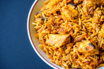 London UK, September 01 2025, Classic Indian Style Spicy Chicken Biryani Meal With No People
