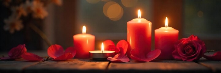 Romantic candlelit scene with soft focus, perfect for Valentine's Day or anniversary celebrations Features warm, glowing candles and intimate ambiance , gentle, dark, hygge