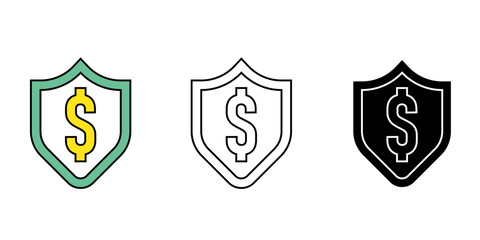 Fototapeta premium Money safety icons set, financial security and dollar protection shield symbols banking, investment, business, insurance projects vector illustration.