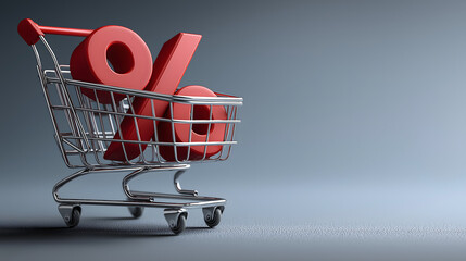 Shopping cart filled with large red percentage symbol representing discounts and sales, set against a smooth gray background, conveying the concept of savings and promotions
