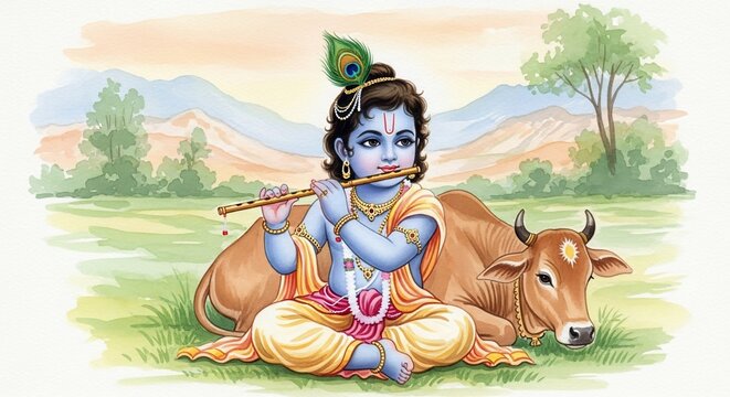 Young Lord Krishna Playing Flute Beside a Cow.