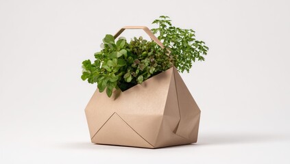 Beige origami-style bag filled with fresh herbs