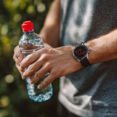  Close-up of person checking smartwatch heart rate while holding a reusable water bottle in a park for fitness and wellness