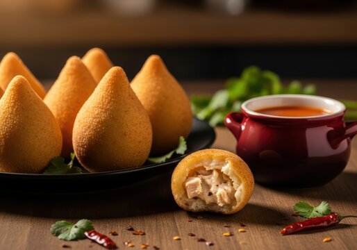 Delicious Coxinhas on a Plate with Sauce A Savory Brazilian Snack