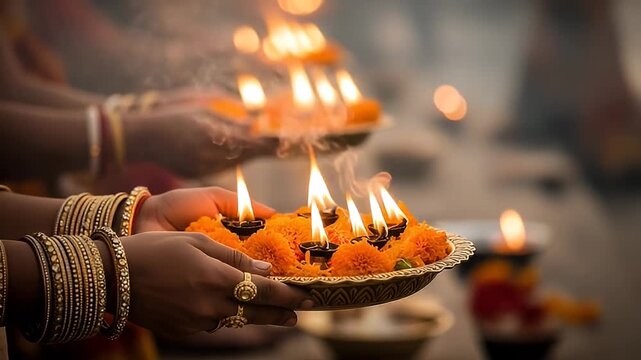 Hands Holding Lit Candles and Marigold Flowers on Plate in Soft Lighting for Religious Ceremony with Golden Jewelry and Ethnic Cultural Significance