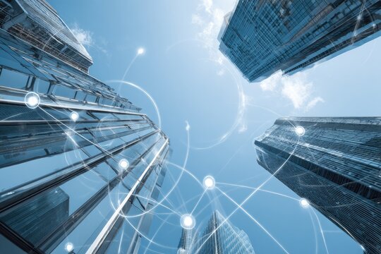 Urban cityscape with interconnected network.  Modern skyscrapers, glass facades, and a network of light-blue lines and circles connect them, creating a futuristic cityscape view