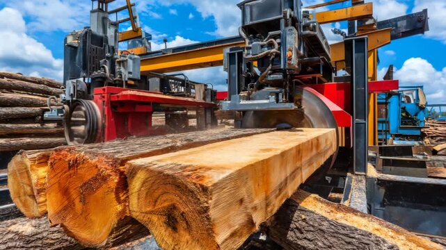 Wood processing at a lumber mill with equipment cutting logs under blue sky