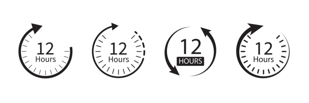 12 Hours clock icon concept, simple flat design. Clipart vecot in black colors