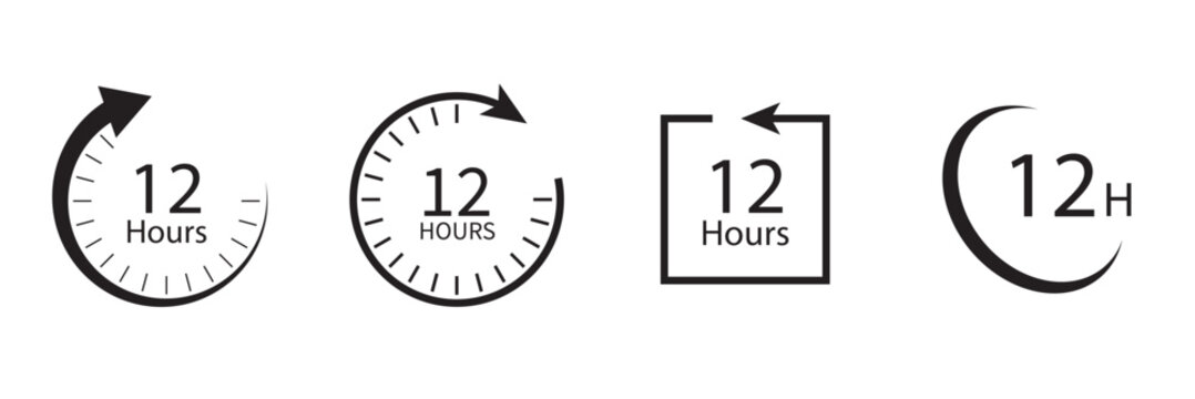 12 Hours clock icon concept, simple flat design. Clipart vecot in black colors