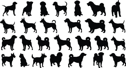 Dog silhouette vector illustration set of different breeds in black shadows, pets standing and sitting design for animal, domestic, and lifestyle