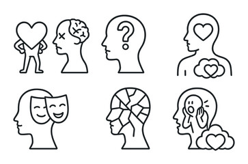 Various human head outlines with emotional and cognitive symbols on dark background