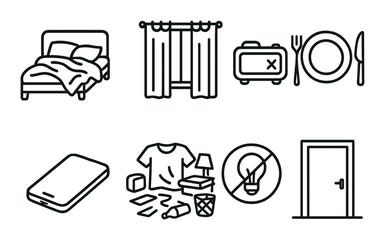 Minimalistic home icons featuring bed curtains suitcase dinnerware and door