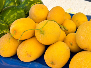 Golden melons stacked in pile on outdoor market display. Agriculture, farming, and seasonal fruit harvest with healthy food nutrition lifestyle.