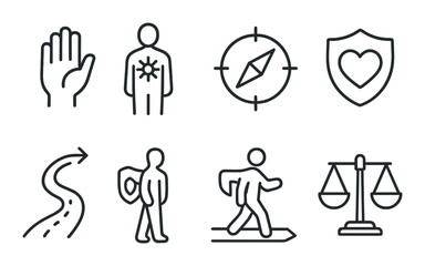 Minimalistic symbols of security, navigation, and balance on dark background