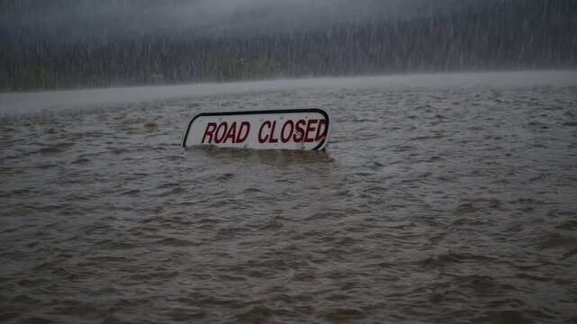 Road Flooded Closed Sign Submerged Under Deep Water During Severe Rainstorm Weather