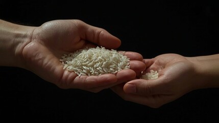 Rice in Hand on Black Background &ndash; Symbol of Harvest, Giving, and Food Security