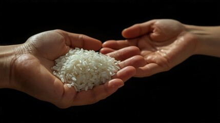 Rice in Hand on Black Background &ndash; Symbol of Harvest, Giving, and Food Security