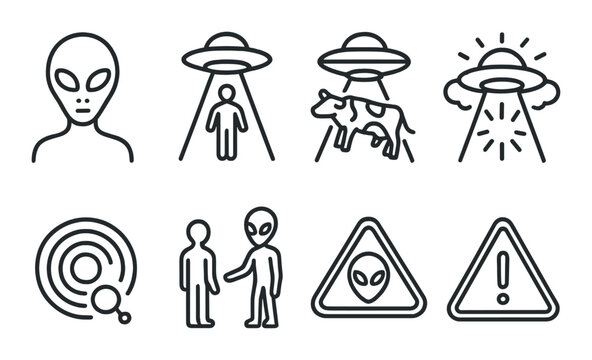 Monochrome alien and ufo icons featuring human encounters and cattle abduction