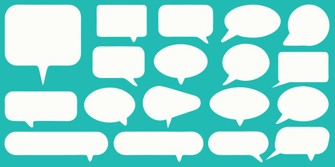 Obraz premium Collection of diverse white speech bubbles and thought bubbles on a teal background