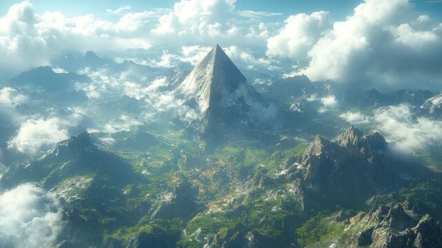 High-altitude view of a mountainous landscape, with dramatic clouds and a prominent pyramid-shaped peak. Lush green valleys and rocky peaks are interspersed with fluffy clouds