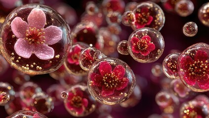Floating, translucent spheres, each holding a delicate pink or red flower.  Golden details accent the blossoms.  Dark, rich background