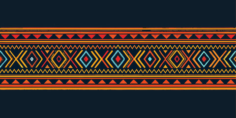 Vibrant geometric tribal pattern with diamond and zigzag motifs in warm colors on dark background