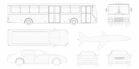Collection of simple line art drawings of a bus airplane and cars shown from different views © Partha