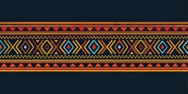 Vibrant geometric tribal pattern with diamond and zigzag motifs in warm colors on dark background