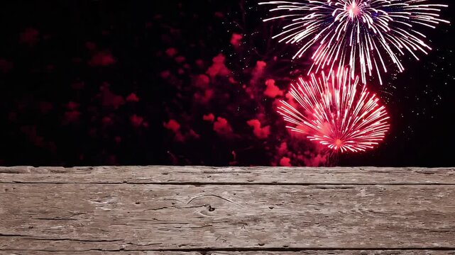 Imaginative pyrotechnic display backdrop Inventive background with unoccupied timber plane and pyrotechnic explosions. Simulated pyrotechnic effects