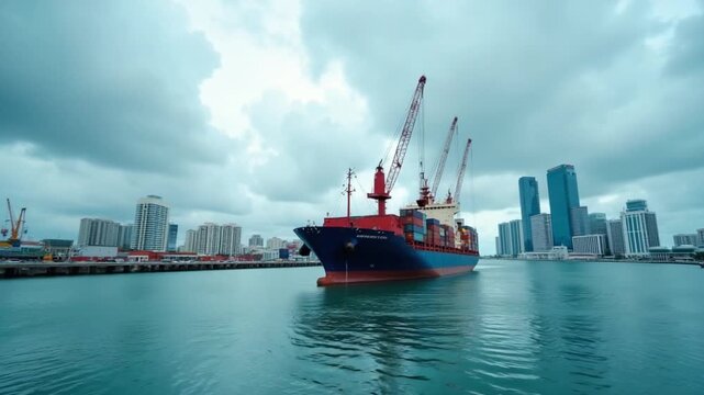 Container Ship Unloading in Miami Port and Miami Downtown at Cloudy Day. Time Lapse. Florida, United States of America
