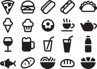 Obraz premium Food Drink Icon Set Meal Beverage Collection Pizza Burger Coffee Cup Fish Noodle