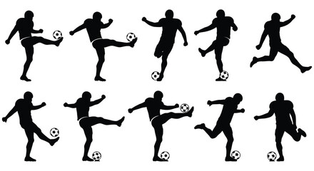 Silhouettes of soccer players in various kicking and running poses on white background