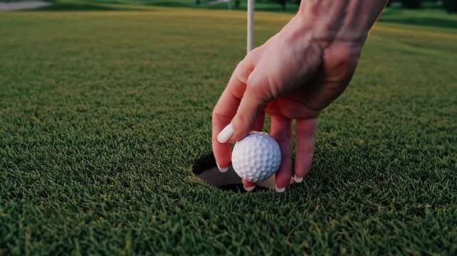 Woman's hand removing golf ball from the hole on the green after putting during sunset lighting conditions