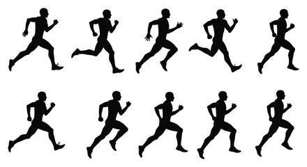 Running silhouettes of people in various motion poses