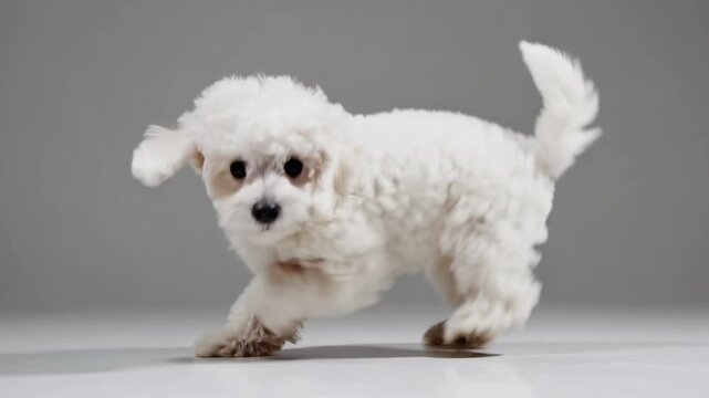 young canine of the Poodle breed positioned before plain white backdrop