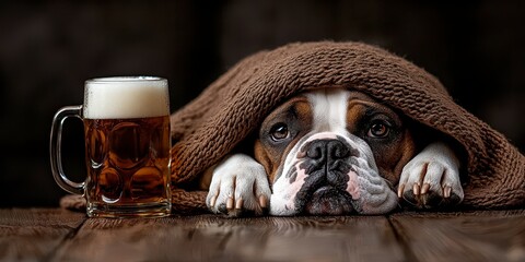 A bulldog wrapped in a brown blanket rests at a woode. Canine swathed in a tan coverlet relaxes near lumber domestic pet comfort repose tranquility canine animal warmth home