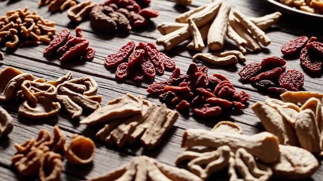 Assortment of desiccated botanical ingredients from Asia intended for preparing wholesome broth or soup