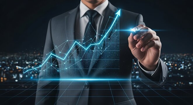 Businessman Demonstrates Financial Growth with Digital Graph Over Cityscape Visualization