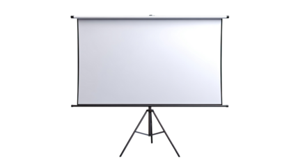 A blank white projection screen mounted on a dark tripod stand