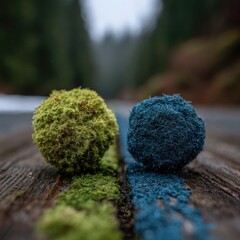 Two colorful moss balls on weathered wood, divided by a painted line